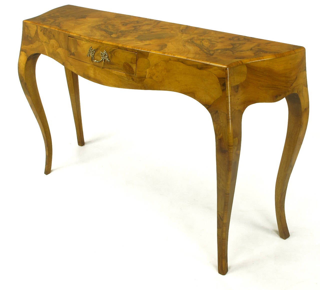 Italian Walnut Oyster Burl Bombe Console Table with Cabriole Legs In Excellent Condition In Chicago, IL