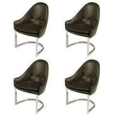 Four Cantilevered Chrome and Chocolate Brown Spoonback Dining Chairs