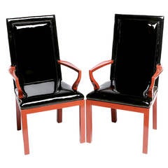 Pair of Baker Cinnabar and Black Patent Leather Armchairs 8