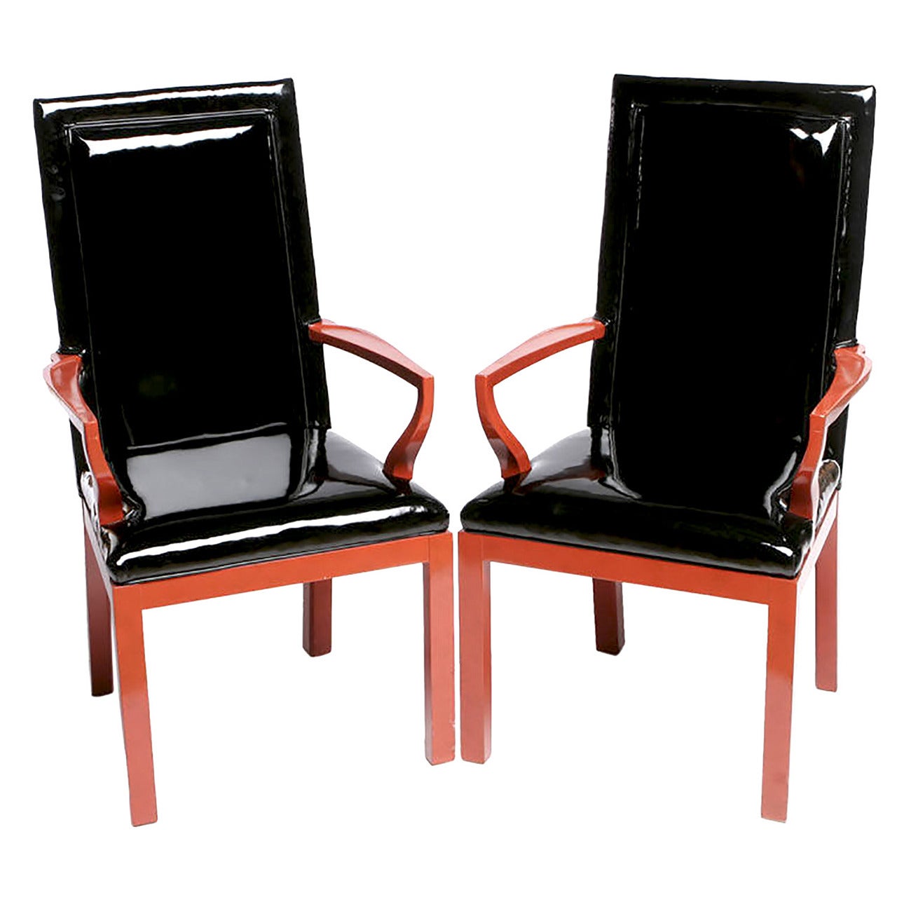 Pair of Baker Cinnabar and Black Patent Leather Armchairs