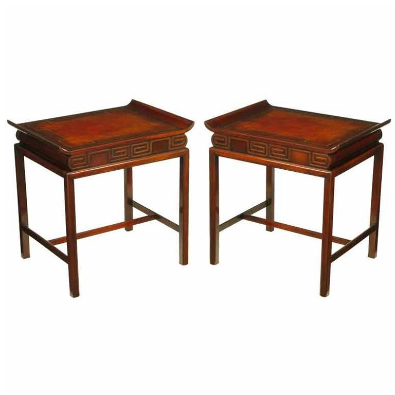 Pair of Curved Mahogany and Leather Top End Tables with Greek Key Reliefs