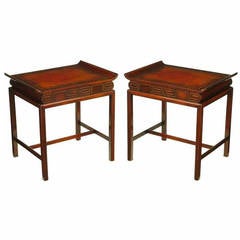 Pair of Curved Mahogany and Leather Top End Tables with Greek Key Reliefs