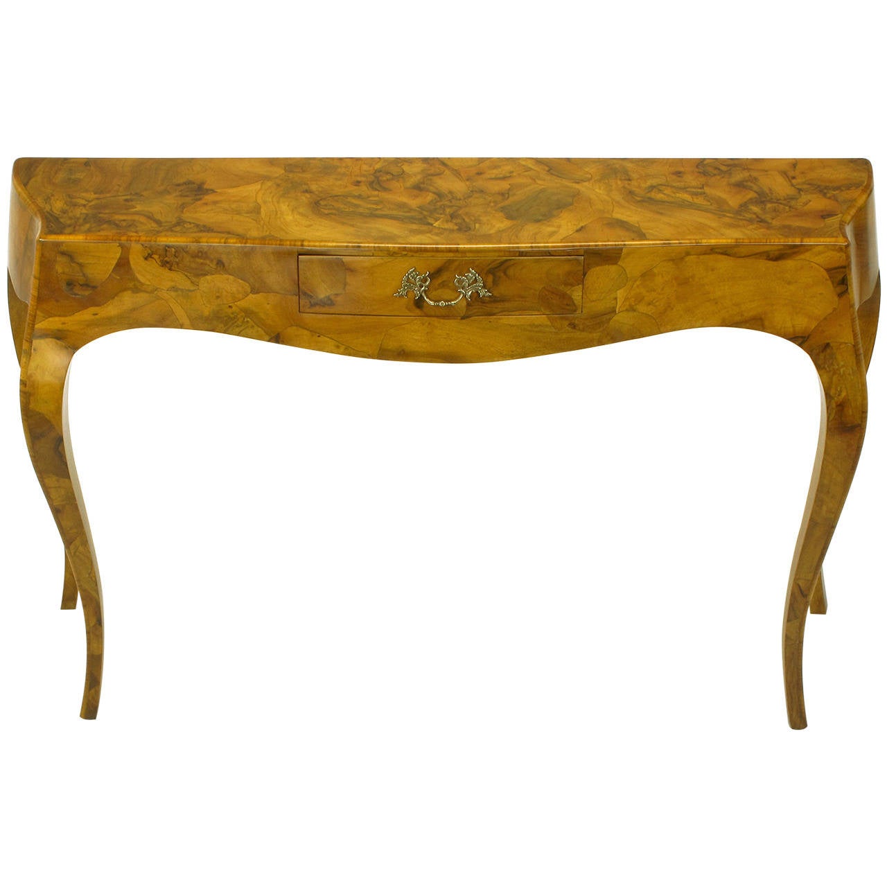 Italian Walnut Oyster Burl Bombe Console Table with Cabriole Legs at