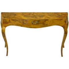 Vintage Italian Walnut Oyster Burl Bombe Console Table with Cabriole Legs