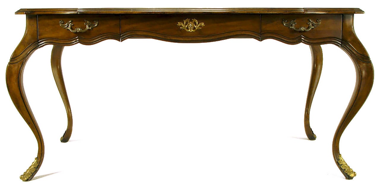 Sligh Walnut And Tooled Leather Top Desk With Pronounced Cabriole