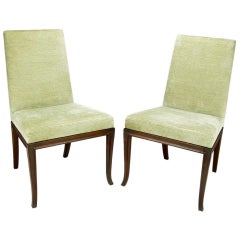 Pair Rare T.H. Robsjohn-Gibbings Walnut & Taupe Chairs For Baker