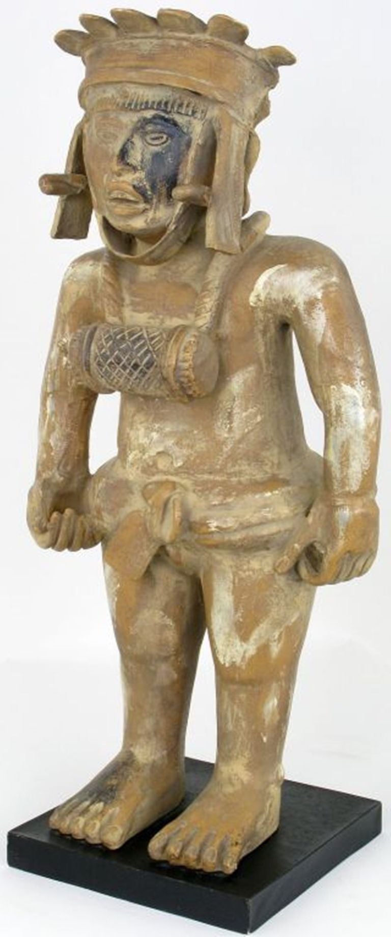 Excellent pre-Columbian style glazed terracotta statue of a Mayan figure on glazed ceramic base.