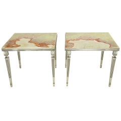 Pair 1940s Neoclassical Silver Plated Bronze & Onyx End Tables