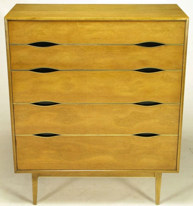 20th Century Vignola Furniture Bleached Walnut and Brass Five-Drawer Tall Chest For Sale
