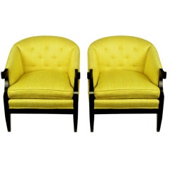 Pair Baker Club Chairs In Embroidered Saffron Silk