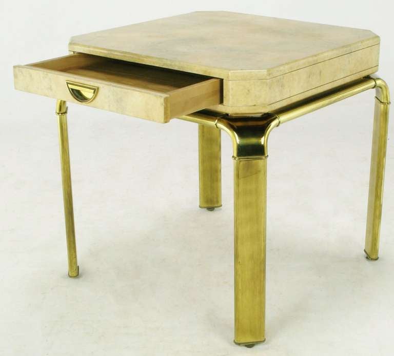 20th Century John Widdicomb Cream Goatskin Side Table On Canted Brass Legs For Sale