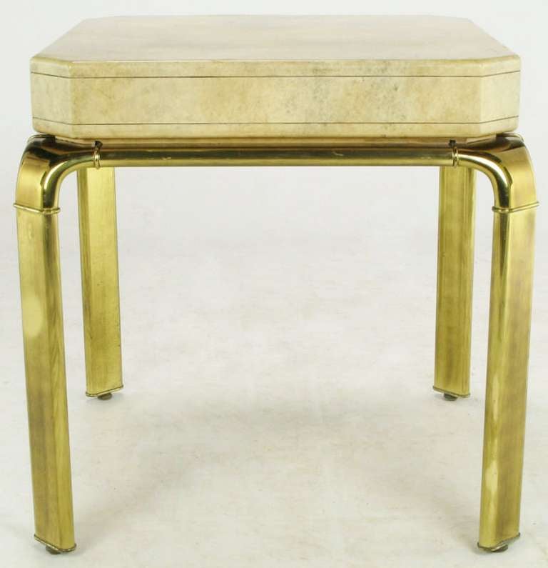 John Widdicomb Cream Goatskin Side Table On Canted Brass Legs In Good Condition For Sale In Chicago, IL