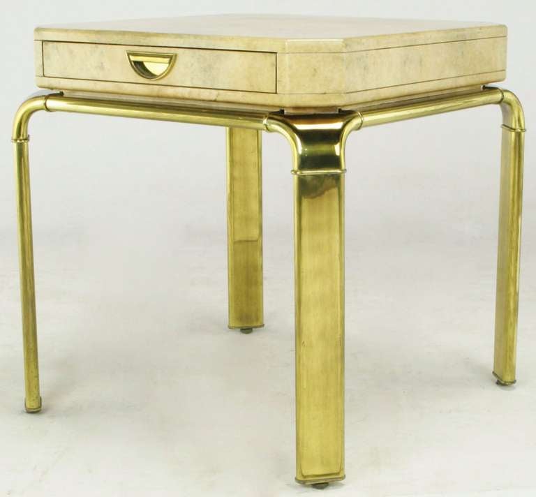 American John Widdicomb Cream Goatskin Side Table On Canted Brass Legs For Sale