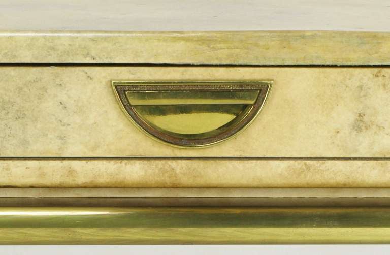 John Widdicomb Cream Goatskin Side Table On Canted Brass Legs For Sale 1