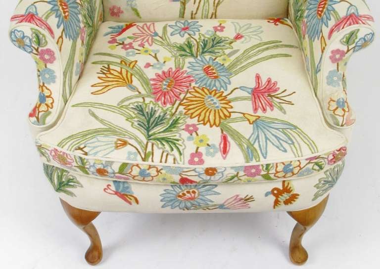 Mid-20th Century Wool Crewel Upholstered Wing Chair in Colorful Floral
