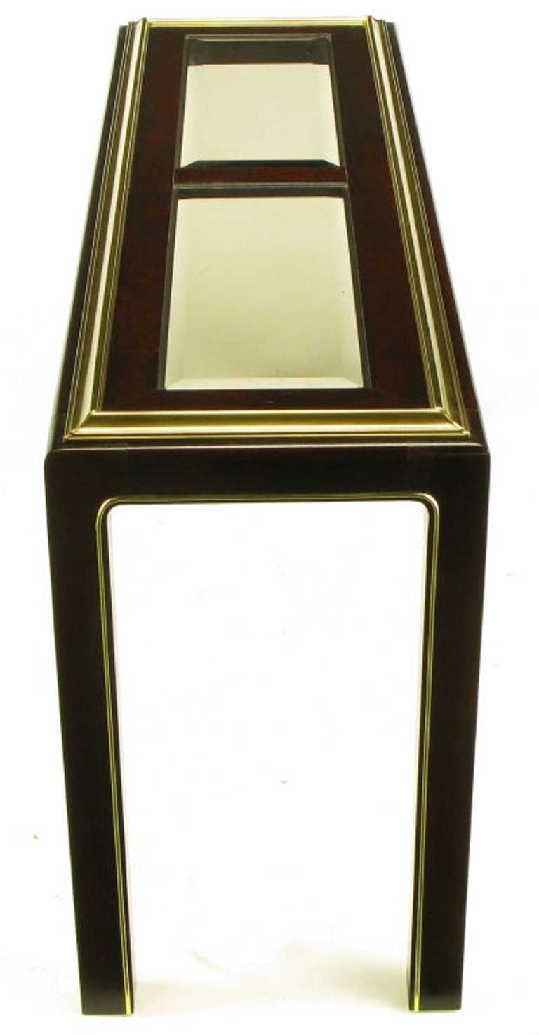 American Widdicomb Burled Walnut and Brass Smoked Glass Top Console