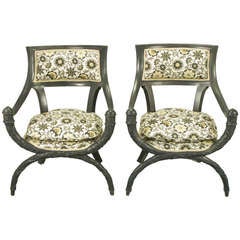 Pair Carved Wood & Slate Grey Lacquer Curule Chairs