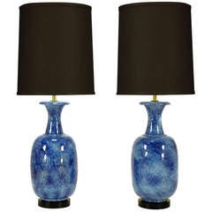 Pair 40" Italian Stippled Blue Pottery Table Lamps