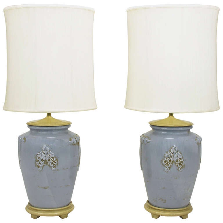 Pair of Periwinkle Blue Antique Glazed UrnForm Table Lamps For Sale at