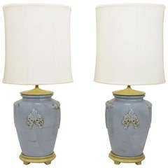 Pair of Periwinkle Blue Antique Glazed Urn-Form Table Lamps 11