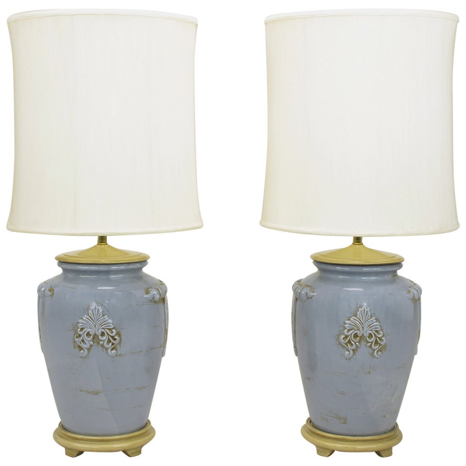 Pair of Periwinkle Blue Antique Glazed Urn-Form Table Lamps For Sale