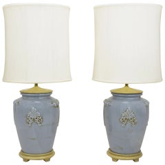 Pair of Periwinkle Blue Vintage Glazed Urn-Form Table Lamps