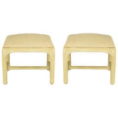 Pair of Bleached and Reeded Rattan Benches in Natural Linen 5