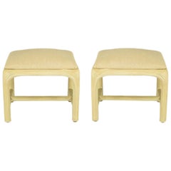 Retro Pair of Bleached and Reeded Rattan Benches in Natural Linen