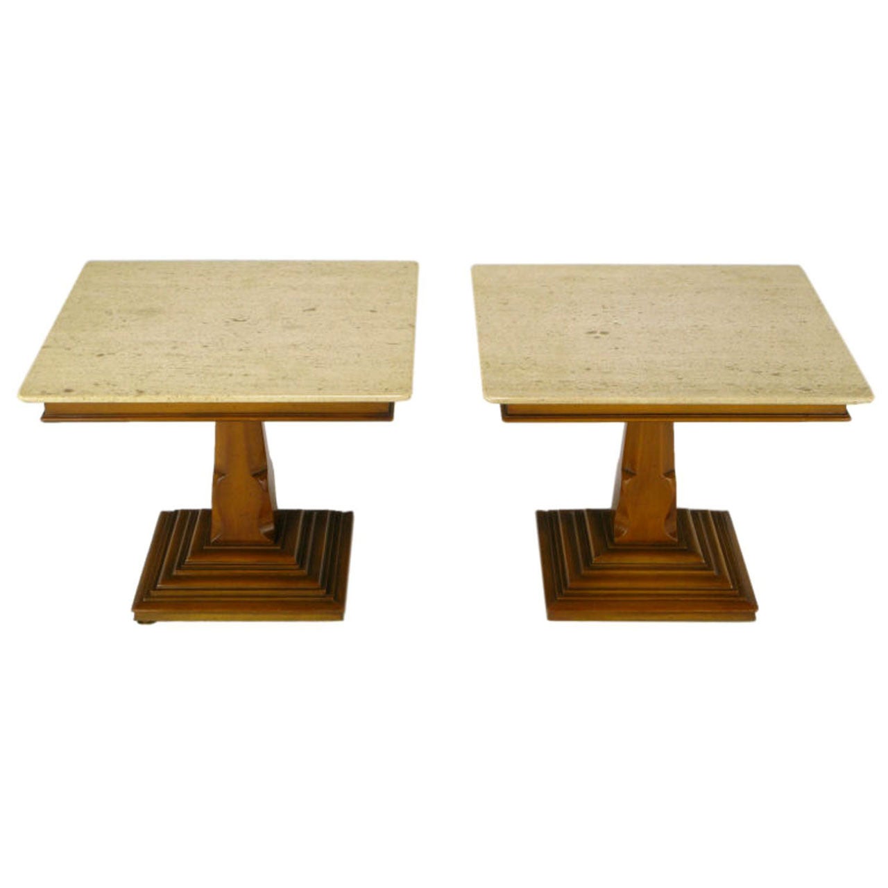 Pair of Spanish Revival Maple and Portuguese Travertine Side Tables For Sale
