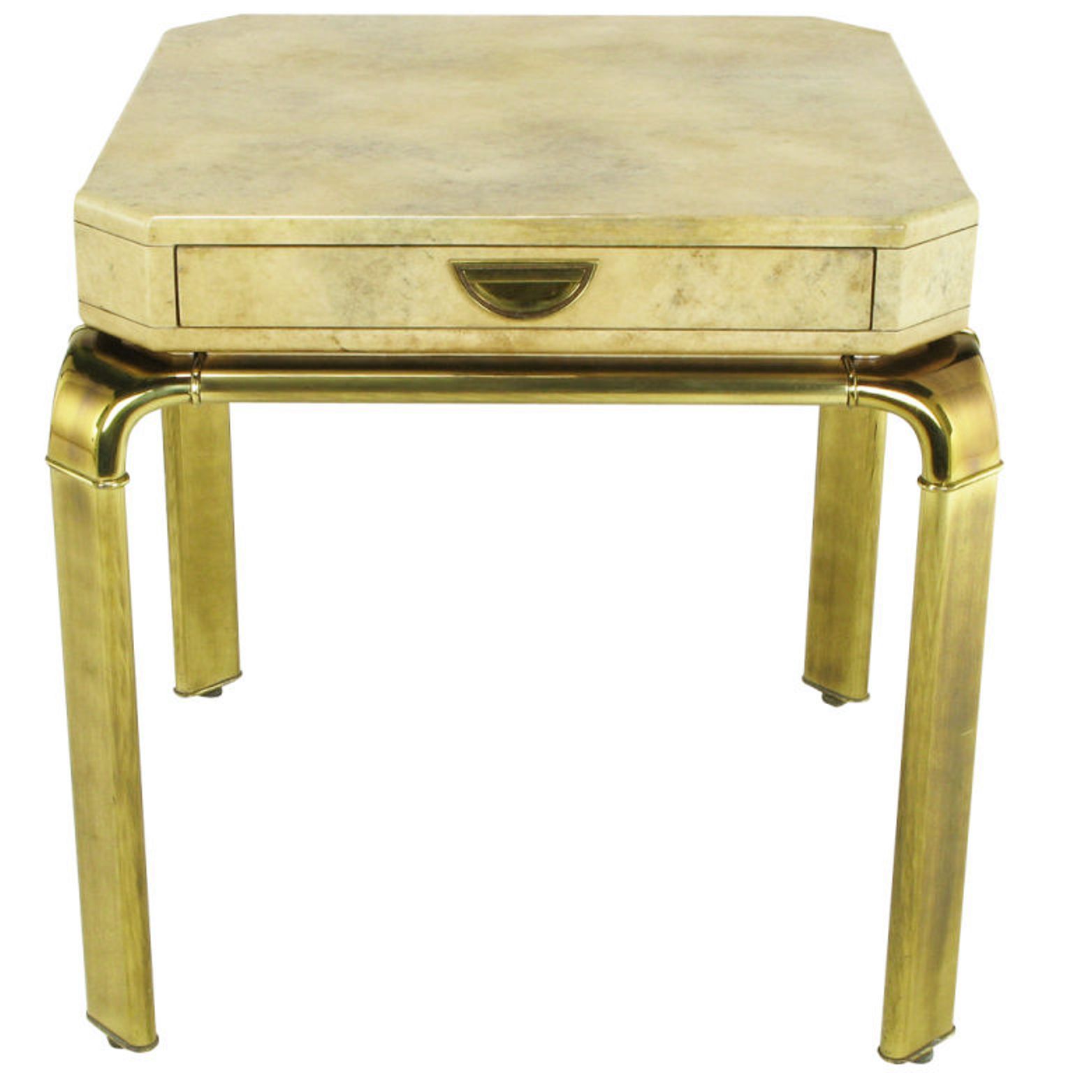 John Widdicomb Cream Goatskin Side Table On Canted Brass Legs