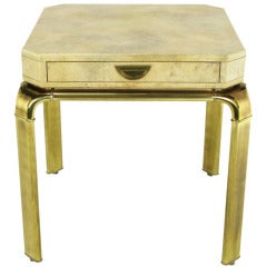 Vintage John Widdicomb Cream Goatskin Side Table On Canted Brass Legs