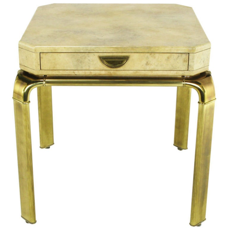 John Widdicomb Cream Goatskin Side Table On Canted Brass Legs