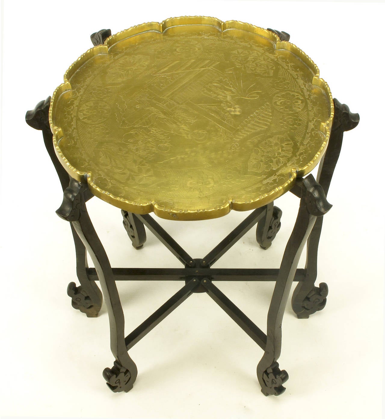 Chinese Carved Ebony Folding Table with Etched Brass Tray Top
