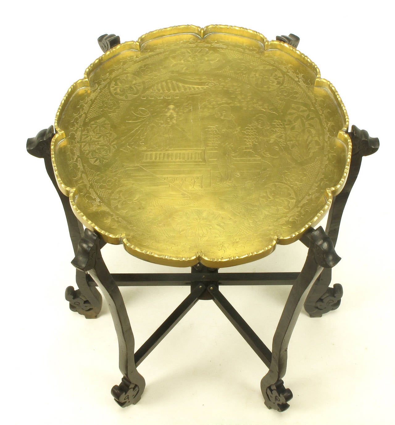 Carved Ebony Folding Table with Etched Brass Tray Top In Good Condition In Chicago, IL