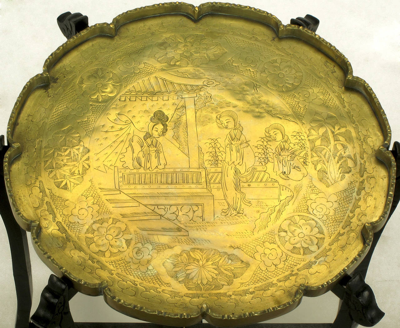 20th Century Carved Ebony Folding Table with Etched Brass Tray Top