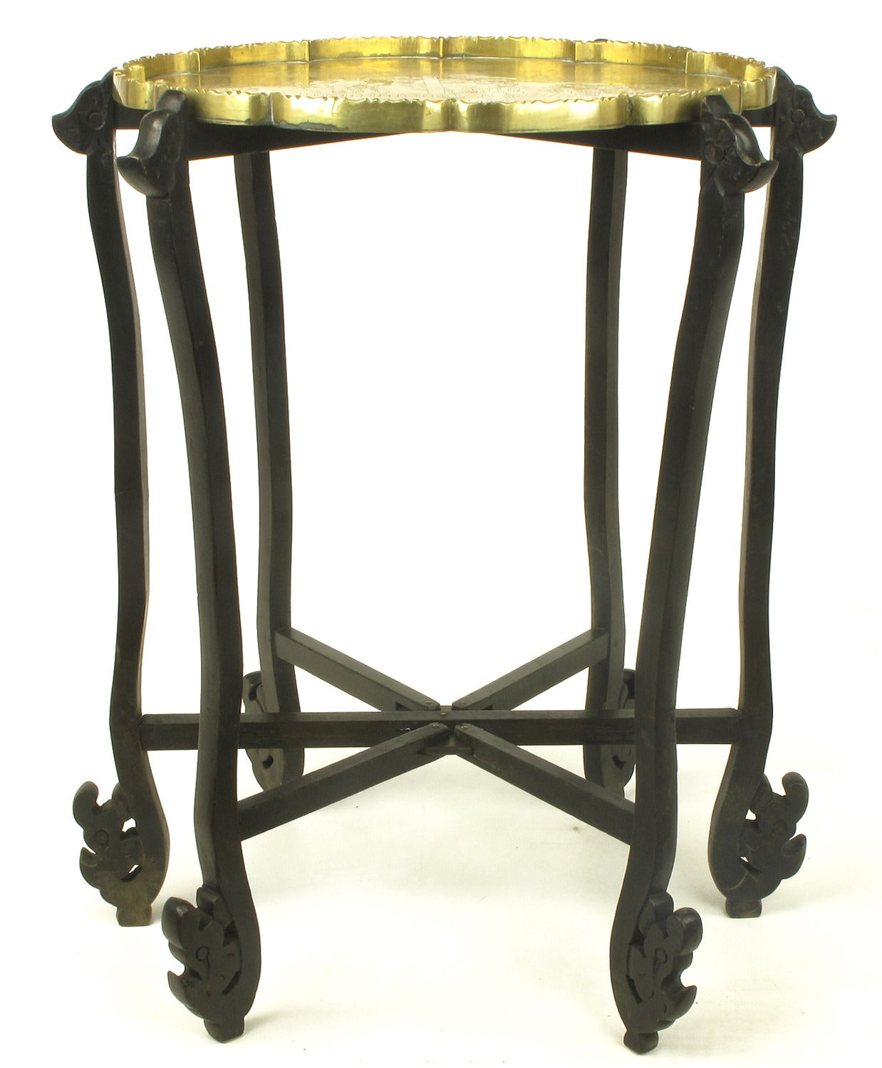 Carved Ebony Folding Table with Etched Brass Tray Top 1