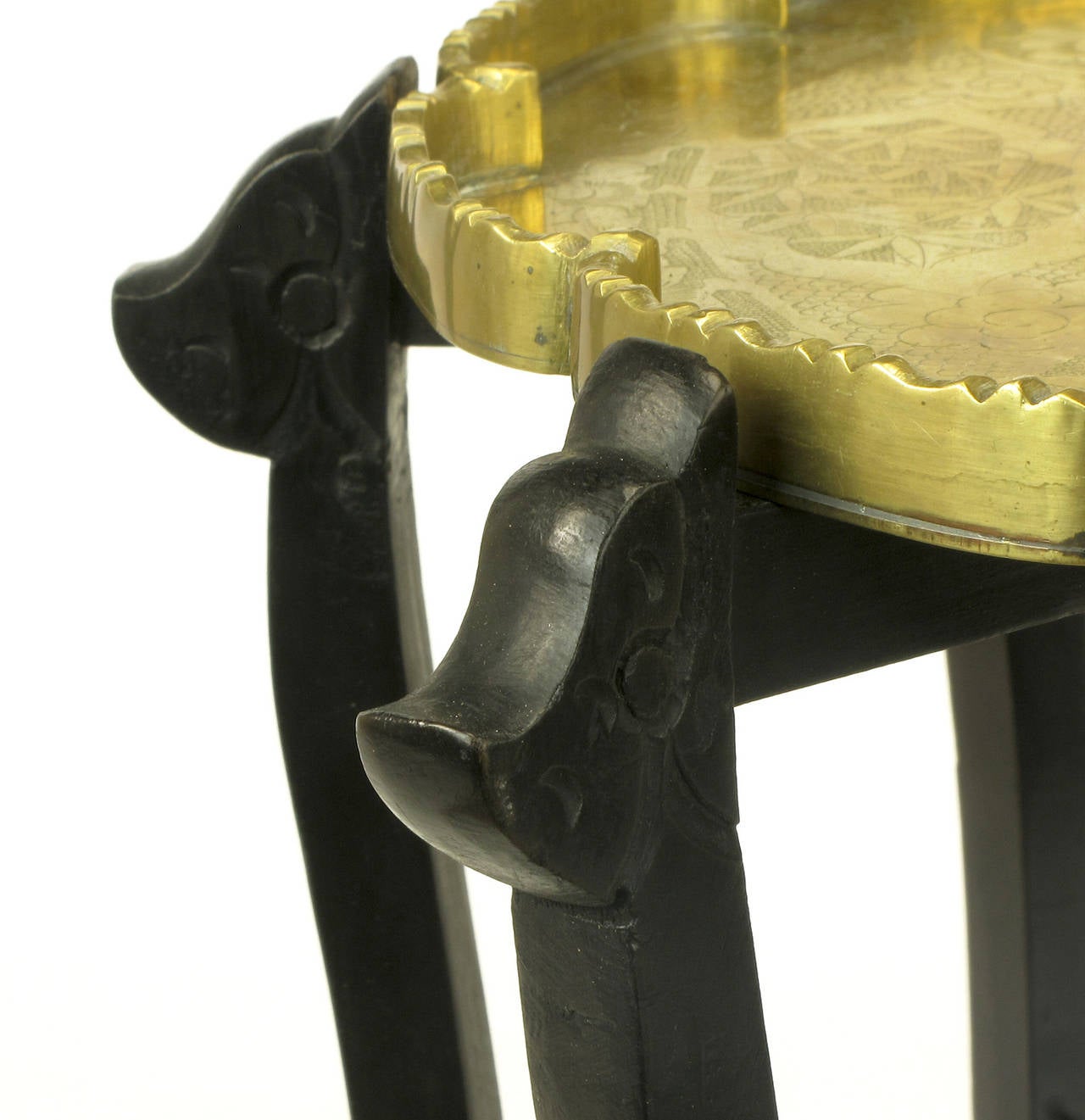 Carved Ebony Folding Table with Etched Brass Tray Top 2