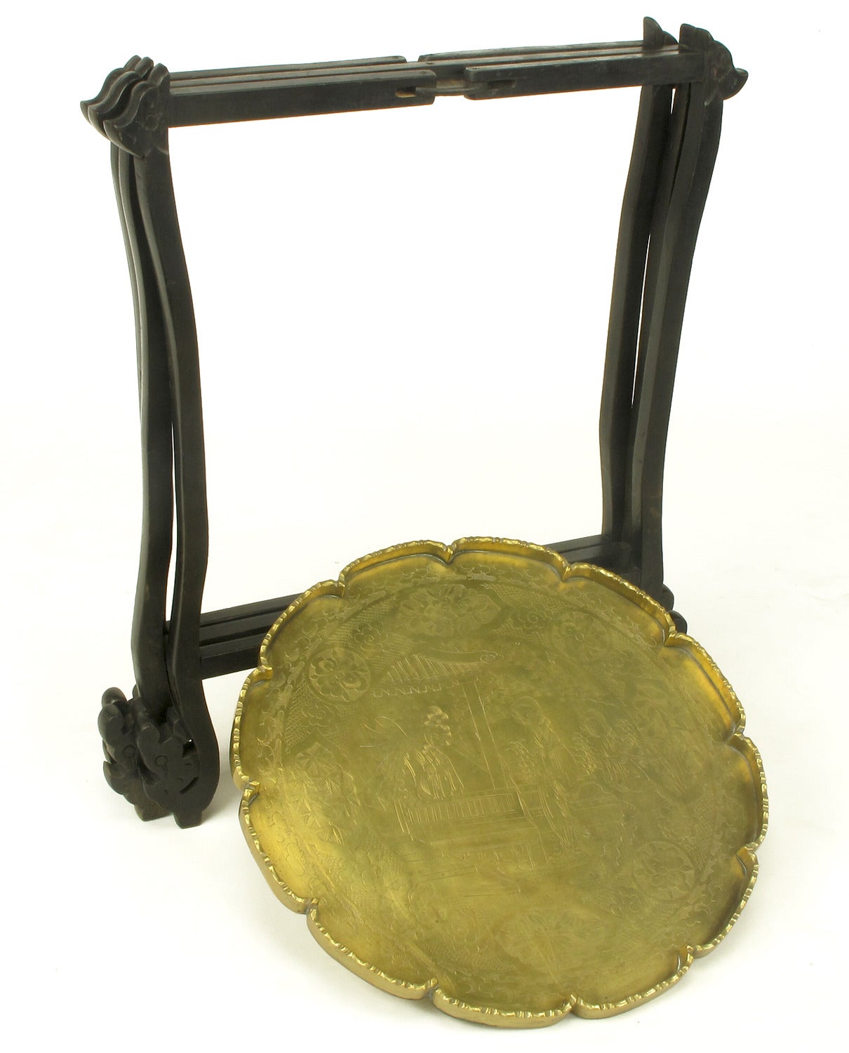 Carved Ebony Folding Table with Etched Brass Tray Top 4