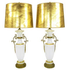 Pair of Chapman Neoclassical White Milk Glass Table Lamps with Brass Appliques 10