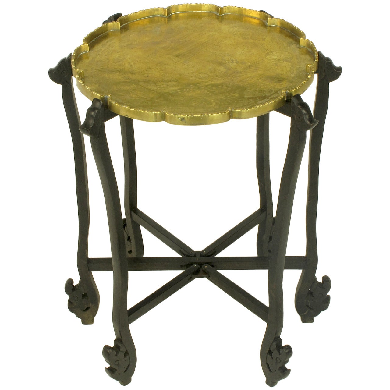 Carved Ebony Folding Table with Etched Brass Tray Top
