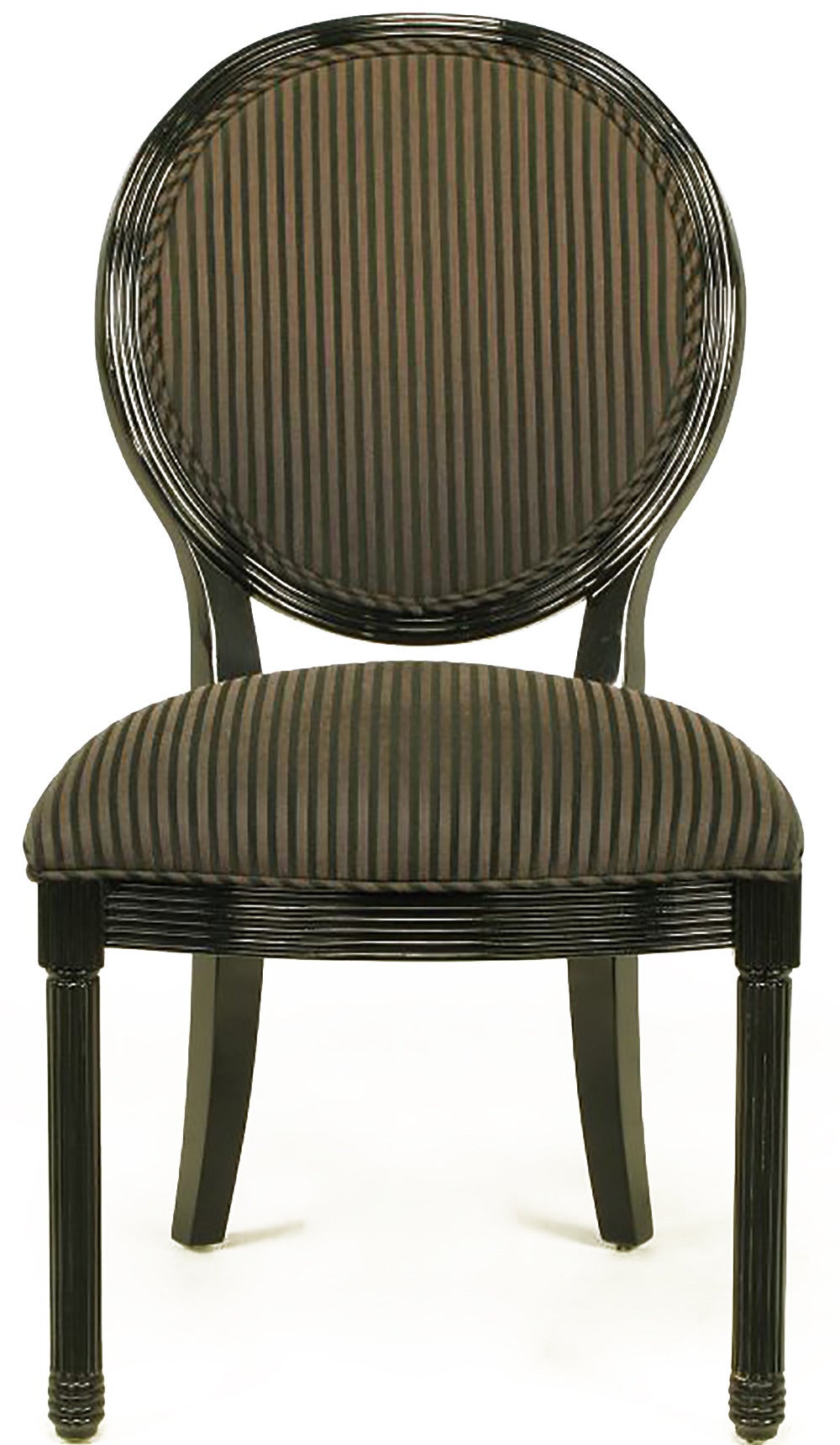 These dining chairs represent the Jay Spectre interpretation of a Classic Louis XVI form. More often found with limed white oak frames, the black lacquered finish was a rare option for limited pieces in the Spectre collection for Century Furniture.