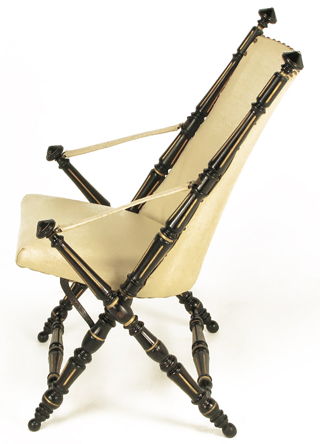 American English Style Black Lacquer and Parcel-Gilt Folding Campaign Chair