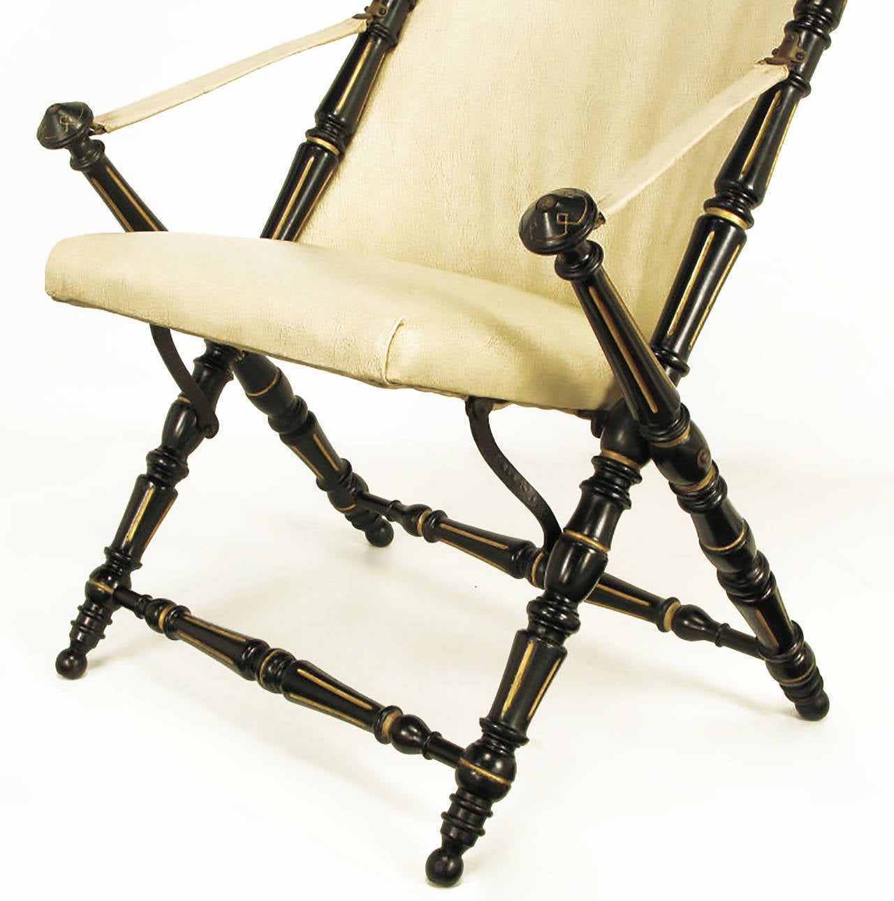 Wood English Style Black Lacquer and Parcel-Gilt Folding Campaign Chair