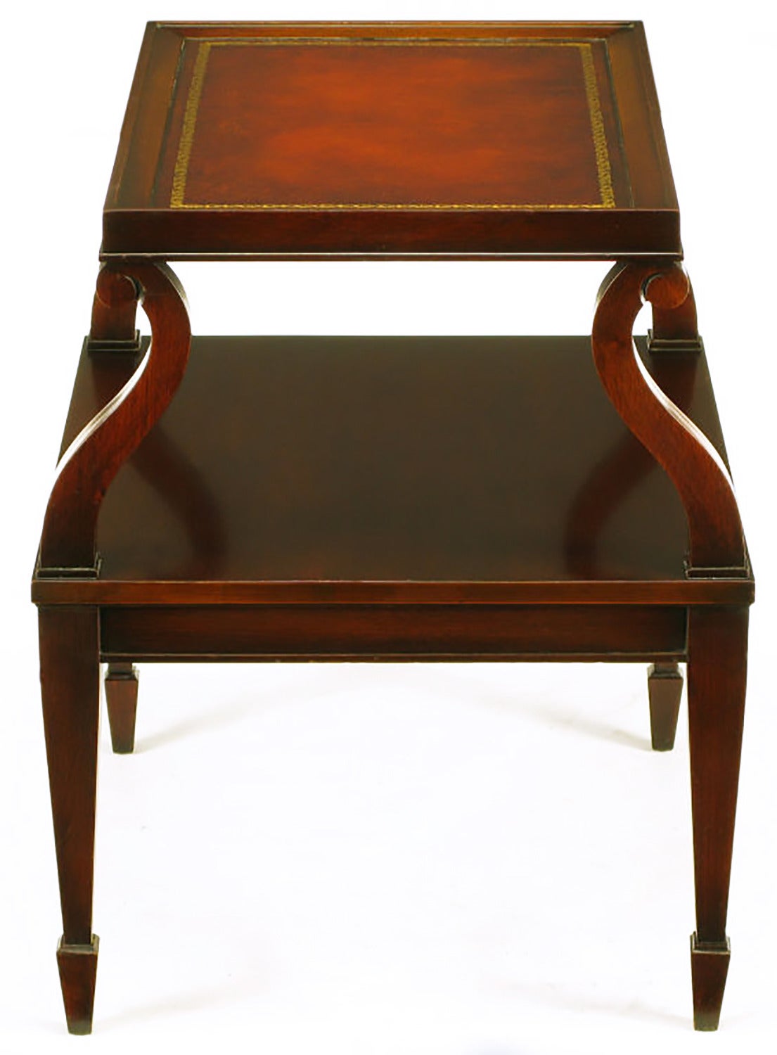 American Pair of Weiman Leather and Scrolled Mahogany End Tables