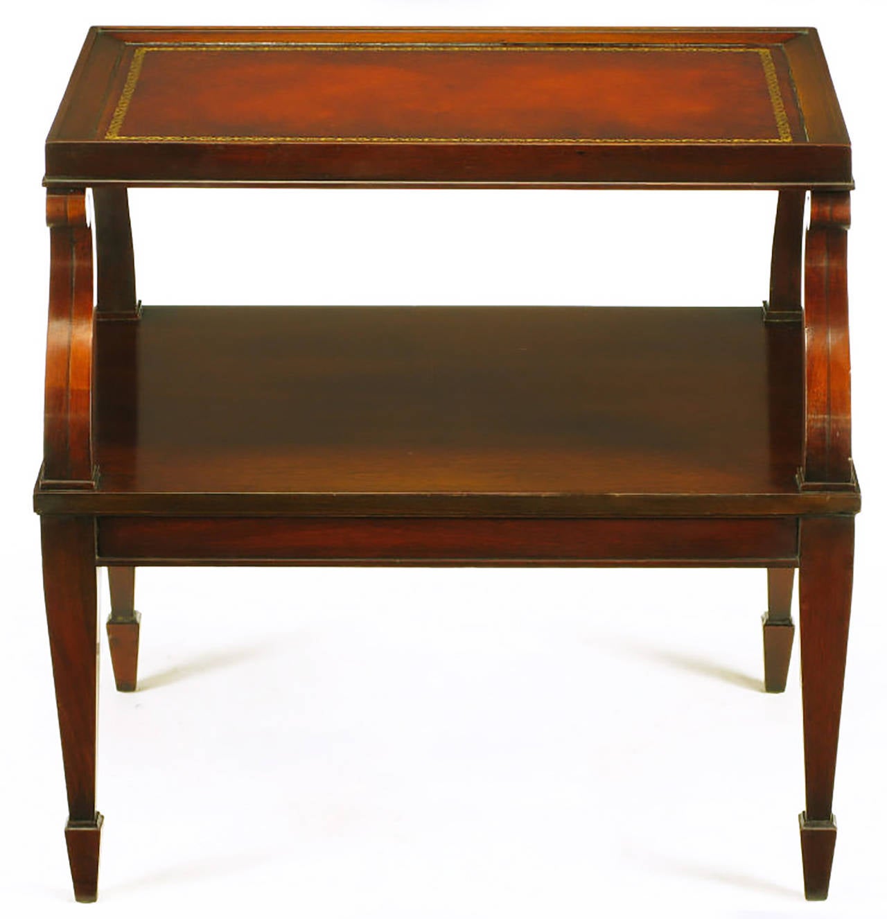 Mid-20th Century Pair of Weiman Leather and Scrolled Mahogany End Tables