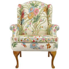 Vintage Wool Crewel Upholstered Wing Chair in Colorful Floral