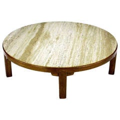 Edward Wormley 48" Diameter Five-Leg Mahogany & Travertine Coffee Table