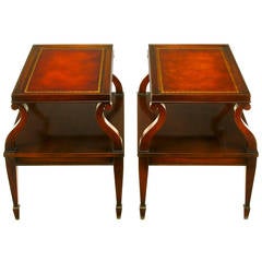 Vintage Pair of Weiman Leather and Scrolled Mahogany End Tables