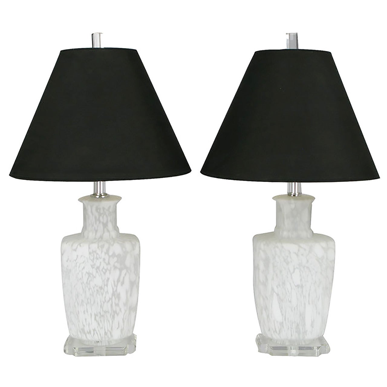 Pair of Handblown White and Clear Murano Glass Table Lamps