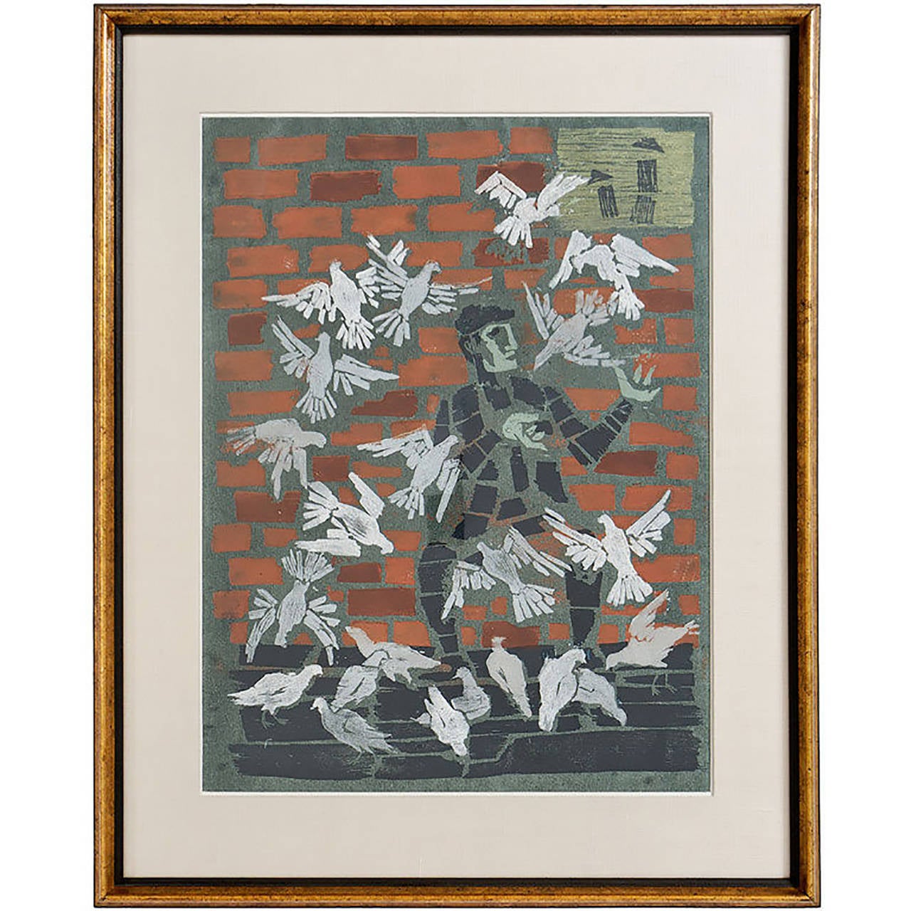 Graphic and colorful abstract print depicting an African-American man feeding pigeons in front of a brick building. Signed under the mat 